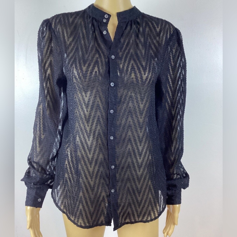 Free People Black Sheer Zigzag Button-Front Top